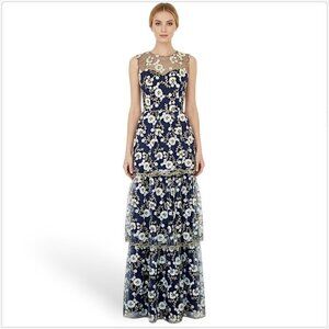 Lotus Threads Navy Gold Lace Floral Embroidered Tiered Dress Gown NWT New 6